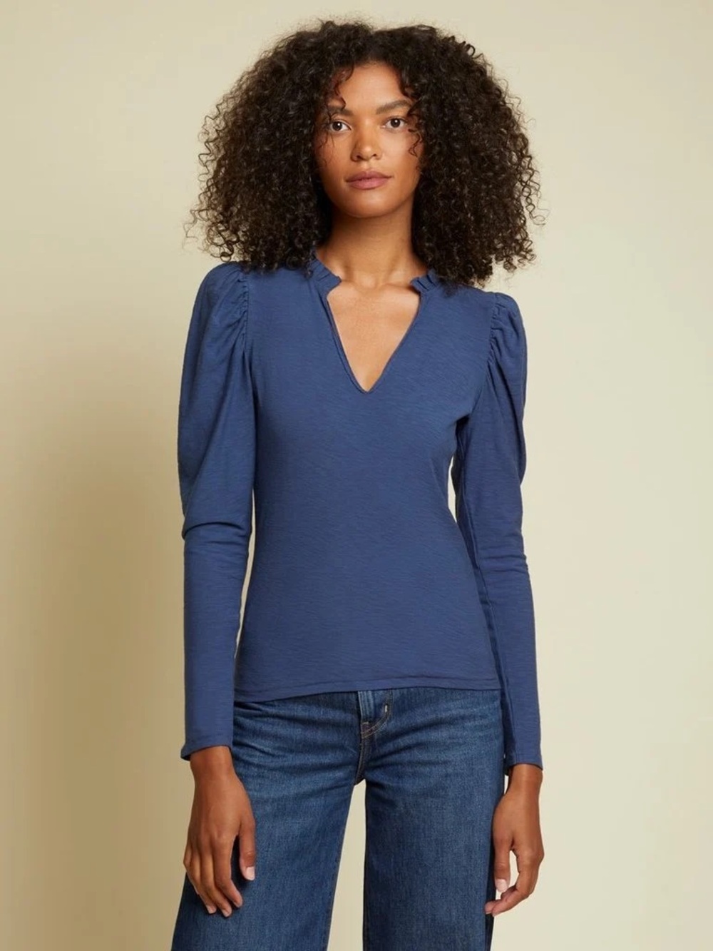 Nation LTD Tamira Elizabethan Tee Ocean Blue Ruffle Pima Cotton Top Medium